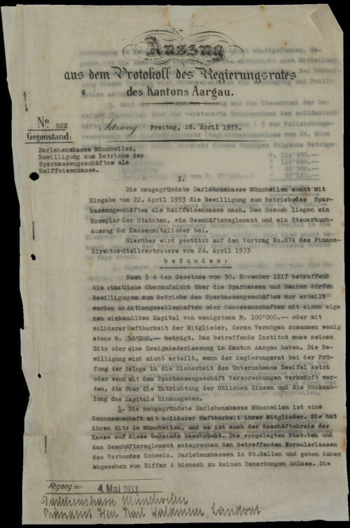 RB Frick Onpager 2 26 4 1933 Gruendungsurkunde Muenchwilen