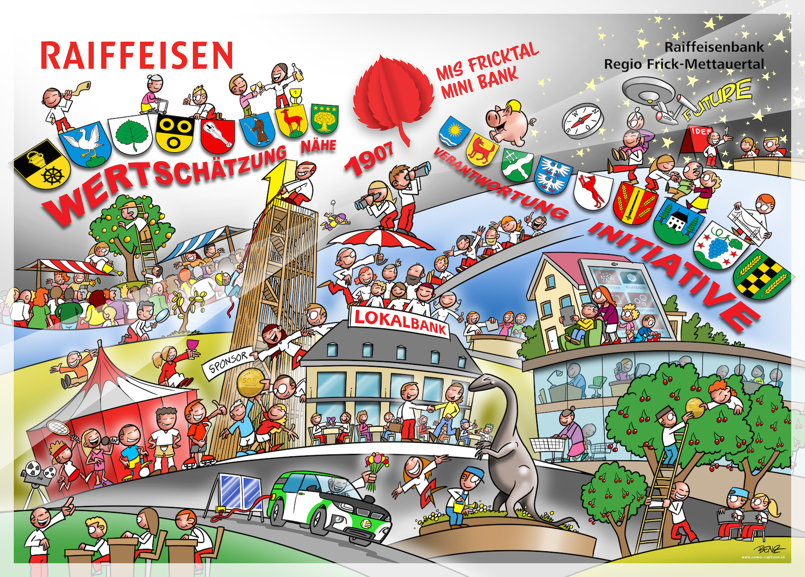 Wimmelbild der Werte der Raiffeisenbank Regio Frick-Mettauertal